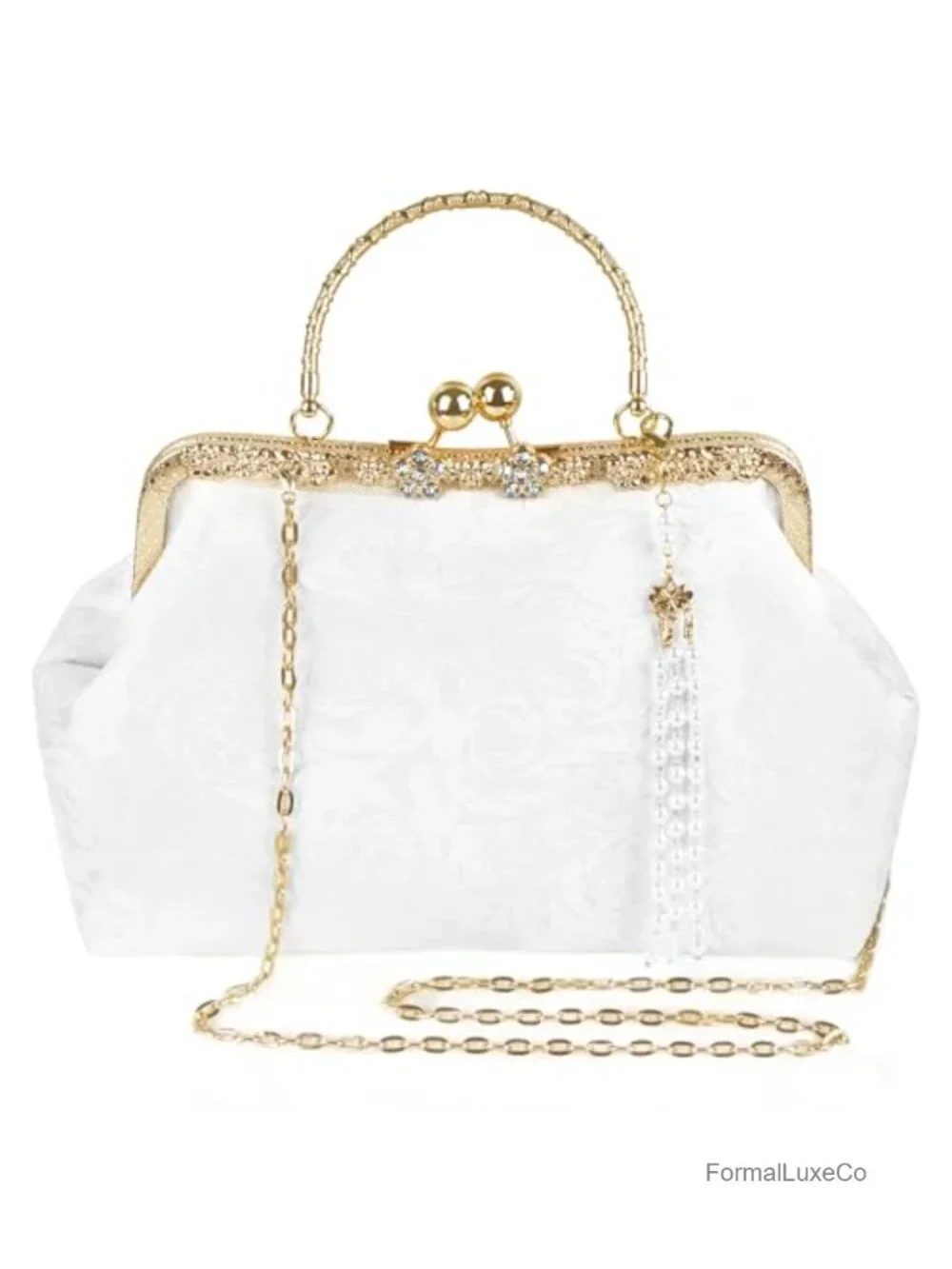 Satin Jacquard Evening Bag Kiss Lock Clutch with Pearl Tassel